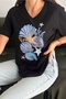 Women's Black V-Neck Large Size Starfish Sequin Sequin Embroidered 100% Cotton T-Shirt - 3