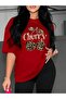 Leopard Cherry Printed Red Oversize T-Shirt