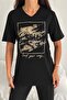 Women's Black V-Neck Plus Size Sequin Sequin Embroidered 100% Cotton T-Shirt - 2