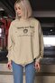 Beige Crew Neck Printed Oversize Women's Sweatshirt Mg1577 - 2
