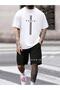 Men's White Striped Paris Oversize Tshirt Black Paris Shorts Set - 2
