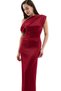 Women's Evening Dress - Satin Fabric Degaje Collar Slit Detail Midi Length 1085 - 5