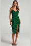 Green V-Neck Slit Satin Dress MG1742