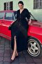 فستان أسود بأزرار على شكل حرف V Mg2339 - 4