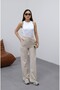 Women's Beige 2 Thread Palazzo High Waist Loose Wide Leg Loose Sweatpants