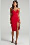Red V-Neck Slit Satin Dress Mg1742