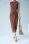 Women's Black Crew Neck Drape Gold Accessory Detailed Slit Midi Dress