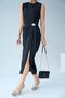 Women's Black Crew Neck Drape Gold Accessory Detailed Slit Midi Dress