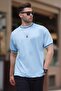 Light Blue Crew Neck Sleeve Neck Stripe Overfit T-Shirt 7024 - 2