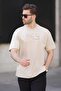 Beige Overfit Crew Neck Back Printed Short Sleeve Men's T-Shirt 7037 - 2