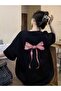 Black Oversize T-Shirt with Pink Bow Back Print