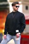 Black Crew Neck Oversize Men's Sweatshirt with Embroidered Emblem Detail 7043 - 3
