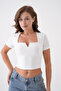 Women's Stretch Fabric Square Neck V Detailed Short Sleeve White Blouse 10432 - 5