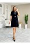 Women's Short Sleeve Crew Neck Front Bow Detailed Imported Crepe Dress - 6