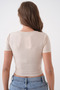 Women's Stretch Fabric Square Neck V Detailed Short Sleeve Beige Blouse 10432 - 3