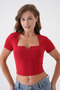 Women's Stretch Fabric Square Neck V Detailed Short Sleeve Red Blouse 10432 - 8