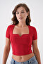 Women's Stretch Fabric Square Neck V Detailed Short Sleeve Red Blouse 10432 - 5