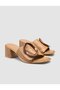 100% Genuine Leather Buckle Detailed Tan Women's Slippers - 3