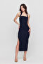 Women's Neck Tie Square Neck Slit Midi Dress - 2