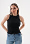 Women's Black Halter Neck Ribbed Camisole Cotton Blouse