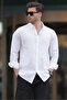 Men's White Long Sleeve Cotton Linen Look Shirt 6743
