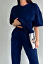 Women's Patternless Oversize Two Thread Short Sleeve Navy Blue Tracksuit Set