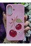 iPhone 16 Compatible Cherry and Ribbon Patterned Velvet Inside Hard Silicone Pink Phone Case