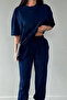Women's Patternless Oversize Two Thread Short Sleeve Navy Blue Tracksuit Set - 2