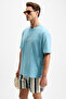 Ourflow Men's Embroidery Detailed 100% Organic Cotton Crew Neck Short Sleeve Oversize Light Blue T-Shirt - 3