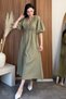 Women's V-Neck Green Muslin Fabric Short Sleeve Dress - 4