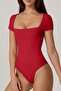Women Short Sleeve Square Neck Double Layer Silk Jersey Bodysuit K34 - 2