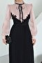 Women's Imported Glittery Yoryo Chiffon Fabric Lace-Detail Pleated Ribbon-Accented Lined Special Design Dress - 3