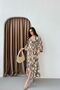 Women's Brown and White Bird Patterned Double Breasted Dress with Elastic Waist and Long Slits - 5