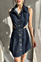 Women's Sleeveless Polo Neck Buttoned Low-Cut Short Denim Dress Navy Blue - 6