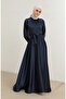 Belted satin evening dress 5758-01 navy blue