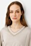 Women's V-Neck Collar Stoned Combed Cotton T-Shirt Beige - 3
