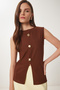 Gold Buttoned Ribbed Knitted Blouse Brown Lzv0007