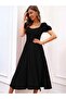 Women's Short Sleeve Square Neck Split Midi Janjan Crepe Dress - 4
