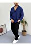 Navy Blue Black Men's Summer Crinkle Lycra Fabric Long Sleeve Shirt Tracksuit 2 Piece Wrap Suit - 6