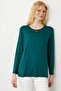 Women's Crew Neck Beaded Combed Cotton Blouse Green - 2