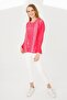 Women's Crew Neck Long Sleeve Leather Embroidered Combed Cotton Blouse Fuchsia - 2