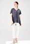 Women's V-Neck Short Sleeve Chiffon Shiny Fabric Tunic Navy Blue - 3