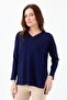 Women's V-Neck Slim Blouse Navy Blue - 5