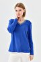 Women's V-Neck Colorful Embroidered Cotton Blouse Cobalt Blue