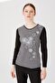 Women's Crew Neck Long Sleeve Floral Printed Striped Combed Cotton Blouse Black - 3