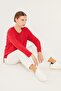 Women's Crew Neck Long Sleeve Collar Embroidered Combed Cotton Blouse Red - 6
