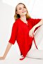 Women's Judge Collar Bat Sleeve Tasseled Combed Cotton Tunic Red - 3