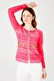 Women's Crew Neck Long Sleeve Zippered Leather Combed Cotton Jacket Fuchsia