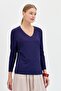 Women's V-Neck Glitter Ribbed Blouse Navy Blue