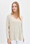 Women's V-Neck Glitter Ribbed Blouse Beige - 7